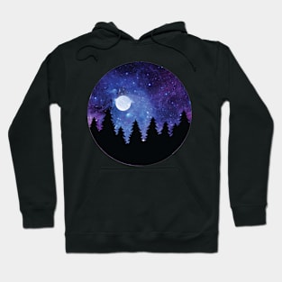 Night sky, Pine tree, Galaxy, Forest, Full Moon, Camping Hoodie